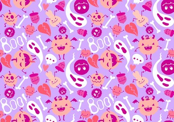 Halloween cartoon pumpkins seamless ghost and bones and skulls pattern for wrapping paper and fabrics