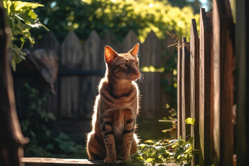 abstract, fictional, a creepy-looking cat of a breed mixed with a dog, cat dog, in the garden by the wooden garden fence, summery temperatures