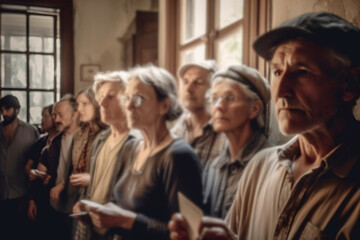 Fototapeta premium blurred abstract vintage retro or poverty or war zone, people in queue with documents and paper, bureaucracy or application or migration or refugees or social benefits