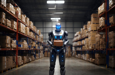Robot humanoid working in warehouse concept background, robotic industrial banner with copy space text 