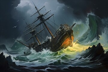A stunning oil painting capturing the dramatic shipwreck amidst a tumultuous sea. Generative AI