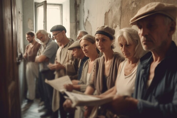 blurred abstract vintage retro or poverty or war zone, people in queue with documents and paper, bureaucracy or application or migration or refugees or social benefits because of poverty 