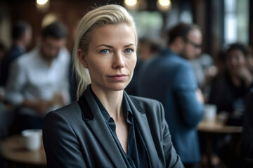 Fototapeta premium a young adult woman, 20s 30s, blonde, wearing business suit and shirt, in a hall or library or canteen or office building