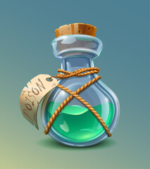 Fototapeta na wymiar Vector cartoon style icon illustration. Glass bottle of green poison with rope and label on it.