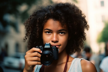 young adult woman, curly dark shoulder-length hair, photographer as a photographer with a camera outside in the pedestrian zone with