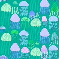 Summer cartoon animals seamless jellyfish pattern for fabrics and textiles and packaging and wrapping paper