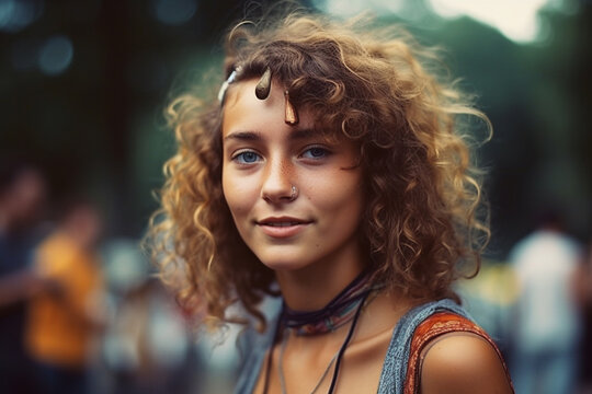 woman wearing headband, caucasian, preteen teenager, girl, or young adult woman, nose piercing, necklace, hippie style or alternative or vintage