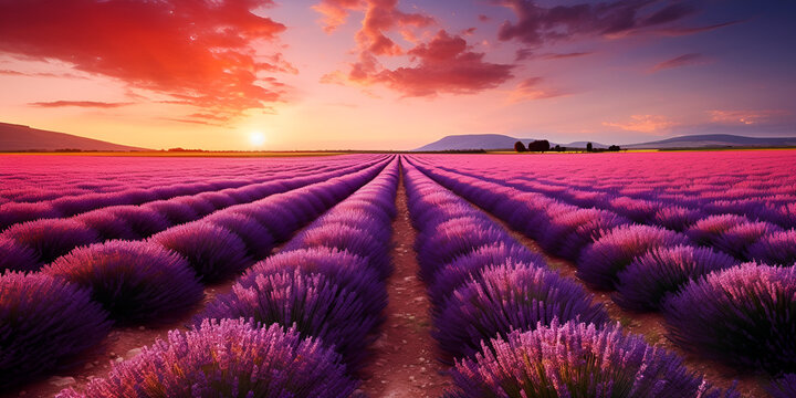 Lavender fields. Beautiful image of lavender field. Summer sunset landscape, contrasting colors. Dark clouds, dramatic sunset. Generative AI