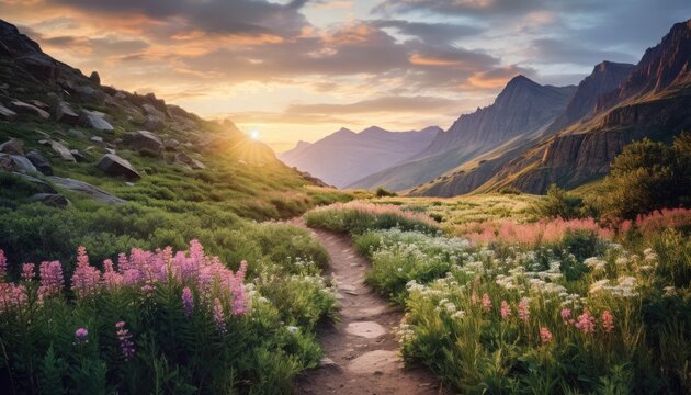 A beautiful stony path with wild flowers and grass along the sides and a vast mountainous background.