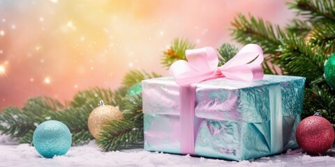 Fototapeta na wymiar Festive decorated Christmas tree with gifts box. Merry Christmas and Happy new year. Holiday background soft pastel colors with gift surprise under the xmas tree