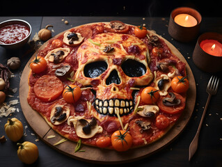 Halloween themed tasty pizza with decorations