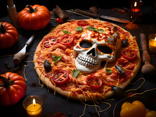 Halloween themed tasty pizza with decorations