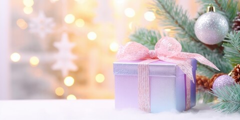 Festive decorated Christmas tree with gifts box. Merry Christmas and Happy new year. Holiday background soft pastel colors with gift surprise under the xmas tree
