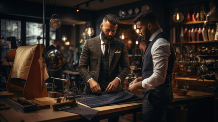 Obraz na płótnie Canvas Generative AI, a tailor in an expensive suit sews a jacket to order for a client, an elite sewing workshop, a luxury clothing store, a businessman at work, a man takes measurements, fabric, salon