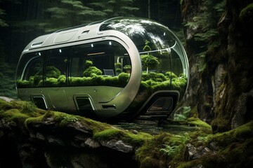 camping on natural terrain with a technologically enhanced bus. Generative AI