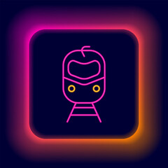 Glowing neon line Train and railway icon isolated on black background. Public transportation symbol. Subway train transport. Metro underground. Colorful outline concept. Vector