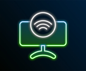 Glowing neon line Smart Tv system icon isolated on black background. Television sign. Internet of things concept with wireless connection. Colorful outline concept. Vector