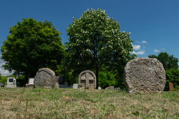 Heart-shaped tombstones in the Famous graveyard in Balatonudvari, Hungary