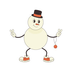 Groovy snowman character in retro style. Vector illustration