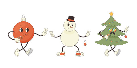 Artboard groovy characters set snowman, balloon, hippie Christmas tree. Retro style