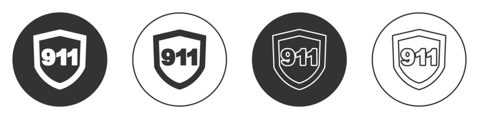 Black Telephone with emergency call 911 icon isolated on white background. Police, ambulance, fire department, call, phone. Circle button. Vector