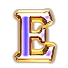 Blue symbol in a golden frame with glow. letter e