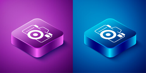 Isometric Photo camera icon isolated on blue and purple background. Foto camera. Digital photography. Square button. Vector