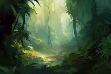 Unfinished painting depicting a dense jungle with a digital brush style. Generative AI