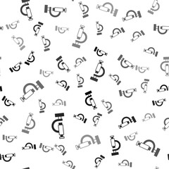 Black Microscope icon isolated seamless pattern on white background. Chemistry, pharmaceutical instrument, microbiology magnifying tool. Vector