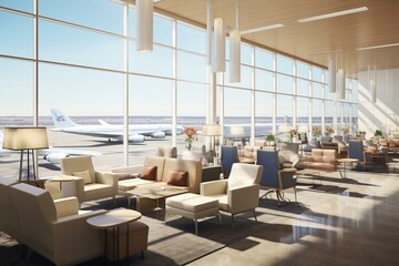 A contemporary airport lounge with ample seats and a view of planes. Generative AI - obrazy, fototapety, plakaty