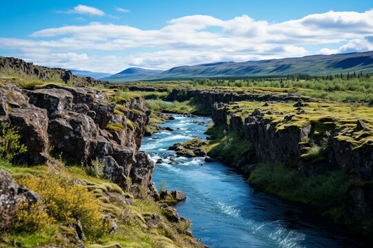 View of Thingvellir National Park in Iceland. Generative AI