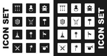Set Medieval throne, shield with swords, Shield, Crossed arrows, Hammer, Poison in bottle, spear and Sword the stone icon. Vector