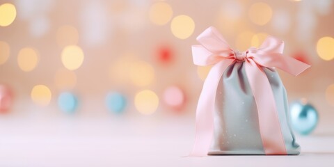 Merry Christmas and Happy new year. Festive background with bag gift. Christmas gift box. Soft pastel color