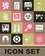 Set Atom, Chemical formula, Transfer liquid gun, Genetic engineering modification, 3D printing technology, Bacteria, Cell and Biohazard symbol icon. Vector