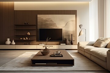 Contemporary living room featuring a TV cabinet against a backdrop of white walls. Generative AI