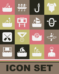 Set Swimmer, Kayak and paddle, Boat with oars, Snorkel, Sport mechanical scoreboard, Water polo, and Windsurfing icon. Vector