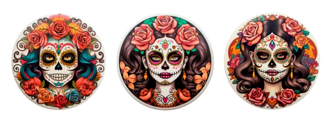 Muurstickers Schedel Day of the Dead Catrina rounded pins on white transparent background