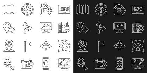 Set line Monitor with location marker, Road traffic sign, Location house, Folded map and icon. Vector