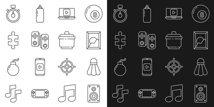 Set line Stereo speaker, Badminton shuttlecock, Picture landscape, Online play video, Gamepad, Piece of puzzle, Stopwatch and Cooking pot icon. Vector