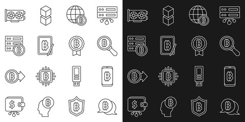 Set line Bitcoin, Mining bitcoin from mobile, Magnifying glass with, Globe, tablet, Server, Video graphic card and icon. Vector