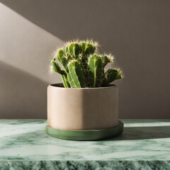 Cactus in a bohemian style pot on a marble floor