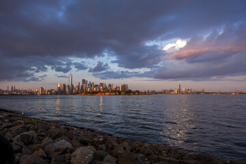 Brooklyn and Manhattan skyline viewed across Hudson River from Liberty State Park, Jersey City, New...