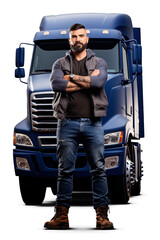 Fototapeta na wymiar Latin American truck driver posing at the front of his big blue cargo truck isolated on white transparent background