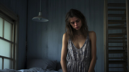 Young anxious woman alone in dark indoors