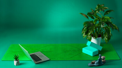 still life with yoga accessories and a laptop on a green background. green yoga still life.yoga online concept.