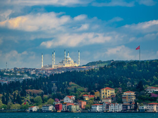 Beautiful mosque in Istanbul with colorful sky and foreground 