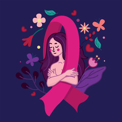 Obraz na płótnie Canvas breast cancer awareness, beautiful woman illustration in a pink ribbon, breast cancer awareness, cancer