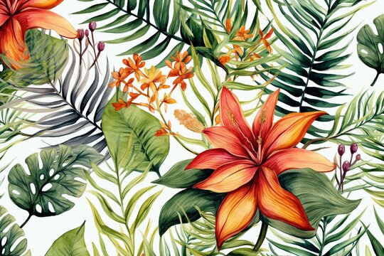 Tropical watercolor pattern with florals and foliage. Generative AI