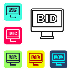 Black line Online auction icon isolated on white background. Bid sign. Auction bidding. Sale and buyers. Set icons in color square buttons. Vector