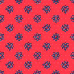 Obraz premium Blue line Atom icon isolated seamless pattern on red background. Symbol of science, education, nuclear physics, scientific research. Vector